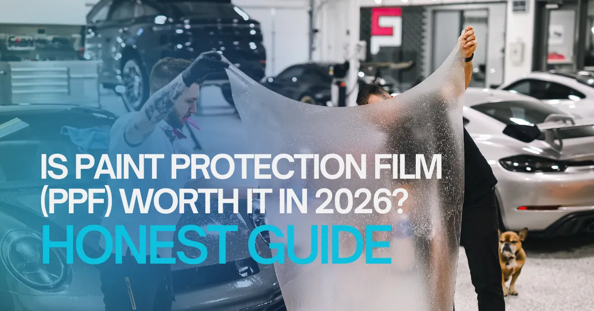 Detailer applying paint protection film to a vehicle hood with squeegee