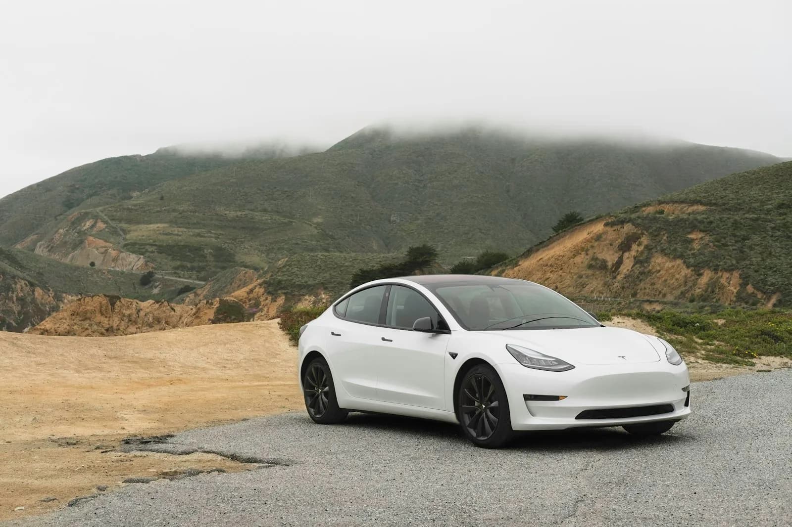 White Tesla Model 3 parked in a Los Angeles driveway with reflective clean paint